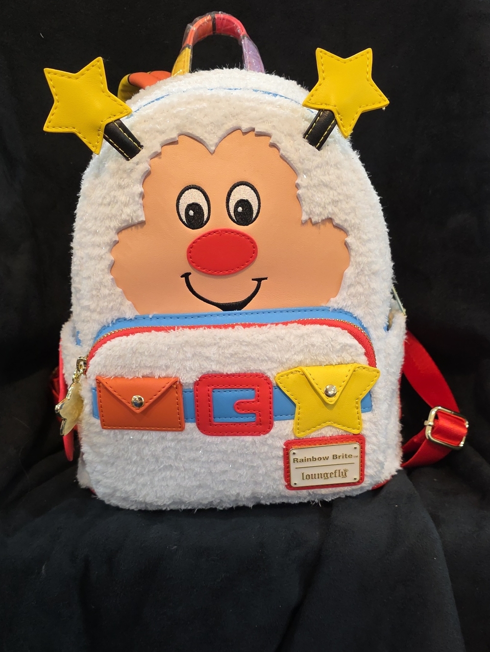 Loungefly White Plush Rainbow Brite Star Face Kids Backpack with Yellow Stars